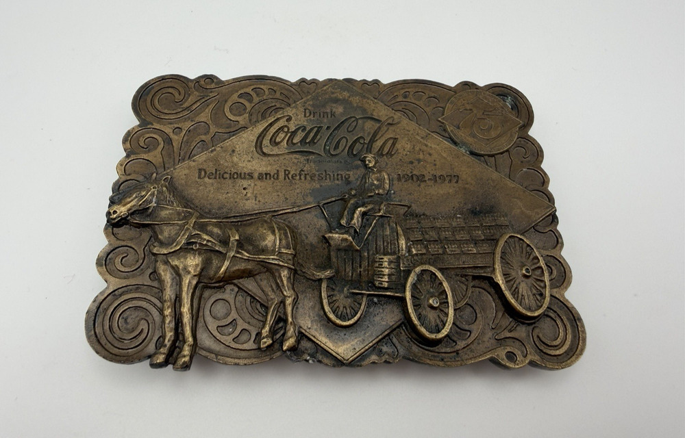Coca-Cola 75th Anniversary Belt Buckle VTG 1975 Bergamot Brass Opener on Back
